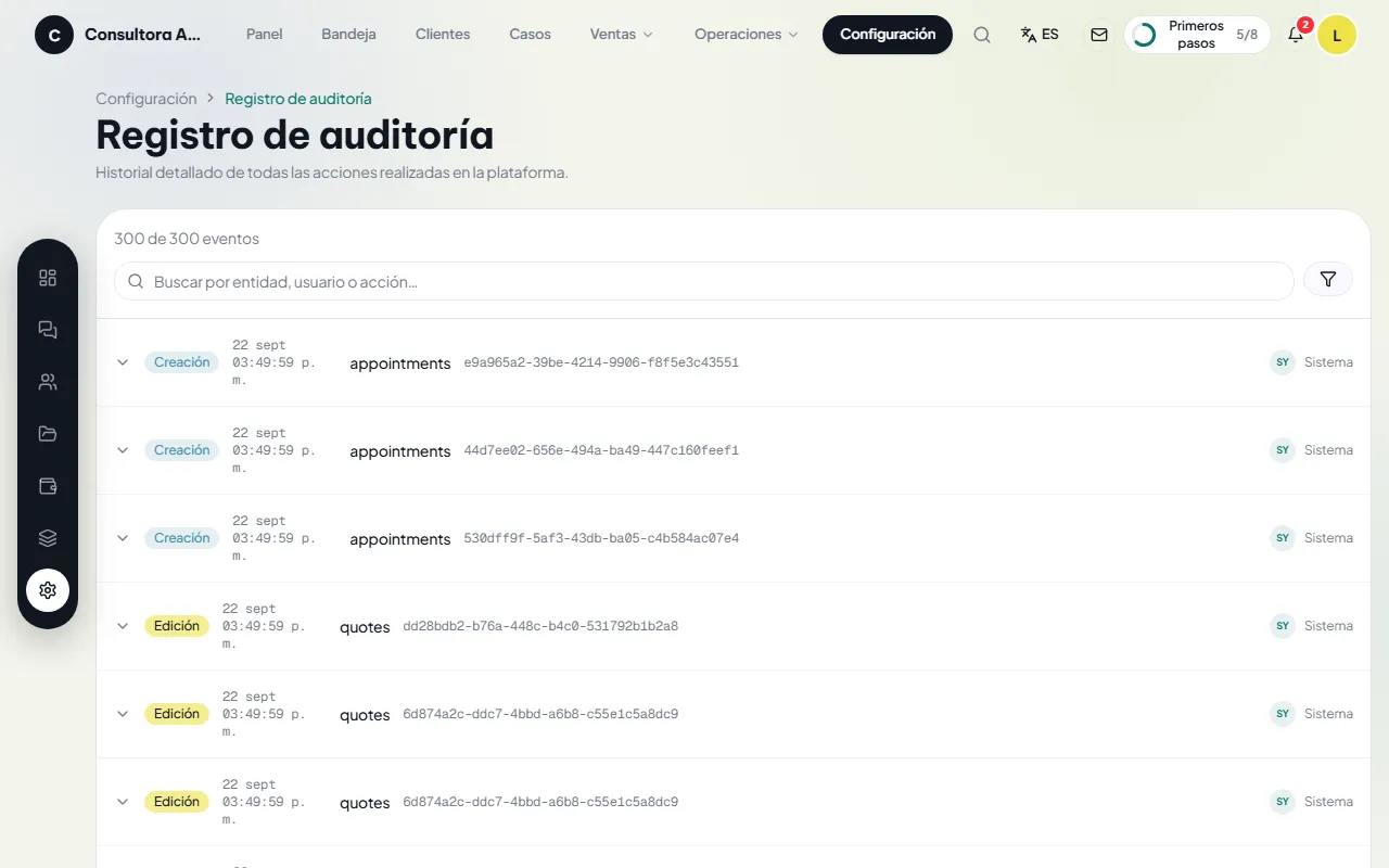 Registro de auditoría con las acciones de cada usuario