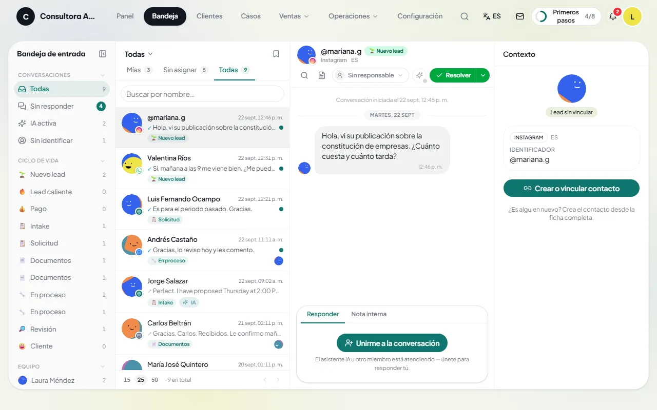 Bandeja de entrada con conversaciones de todos los canales