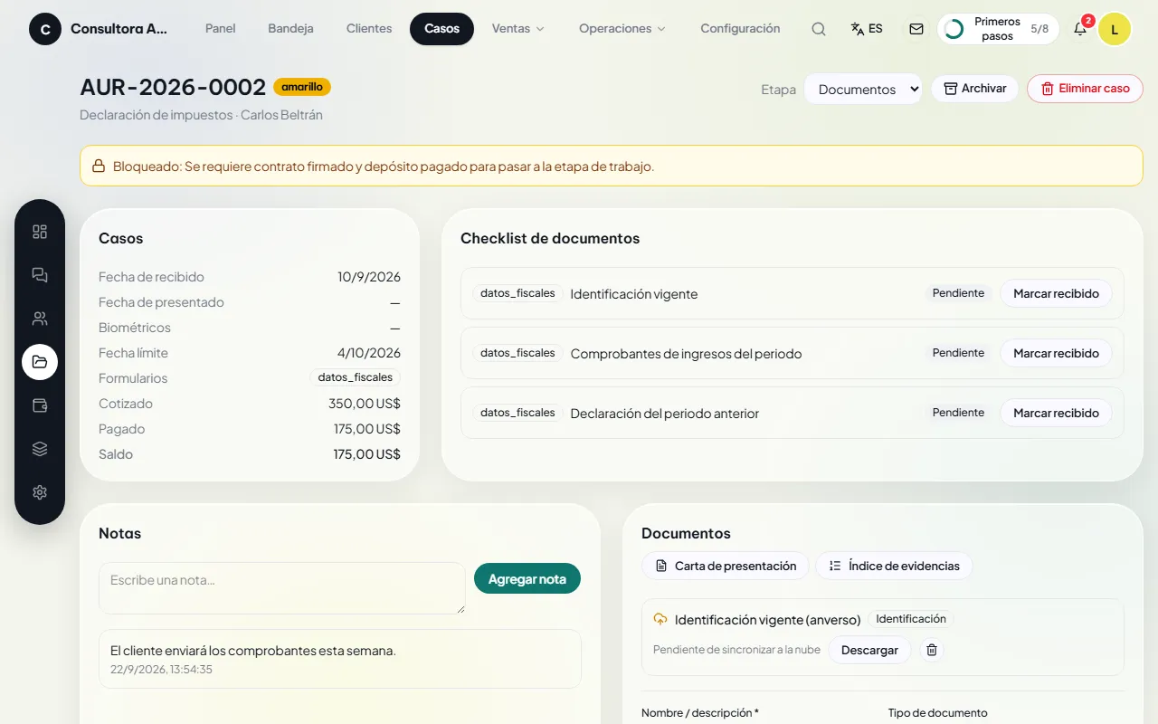 Ficha de un caso bloqueado: el CRM indica que se requiere contrato firmado y depósito pagado para pasar a la etapa de trabajo