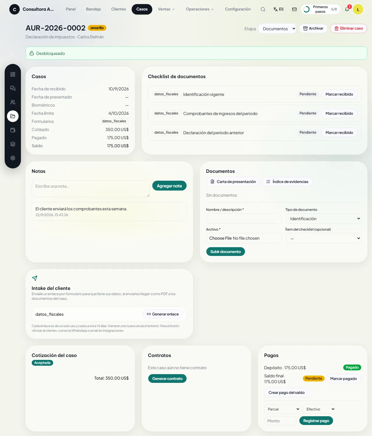 Ficha de un caso con su etapa, lista de verificación y documentos