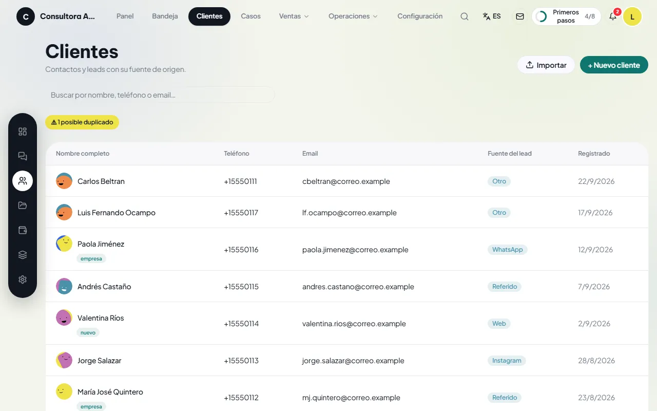 Lista de clientes con etiquetas y filtros
