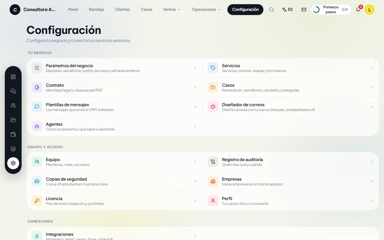 Pantalla de configuración con los apartados del negocio