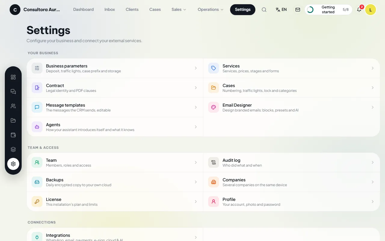 Settings screen with the business sections