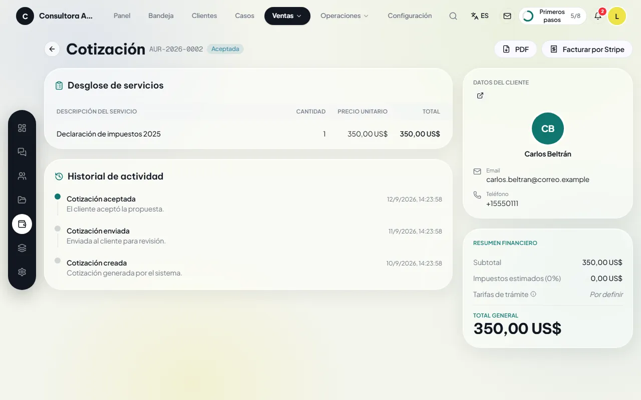 Detalle de una cotización con sus conceptos y el estado de envío