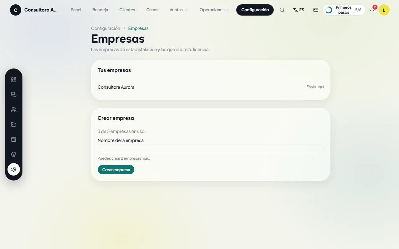 Pantalla de empresas de la instalación