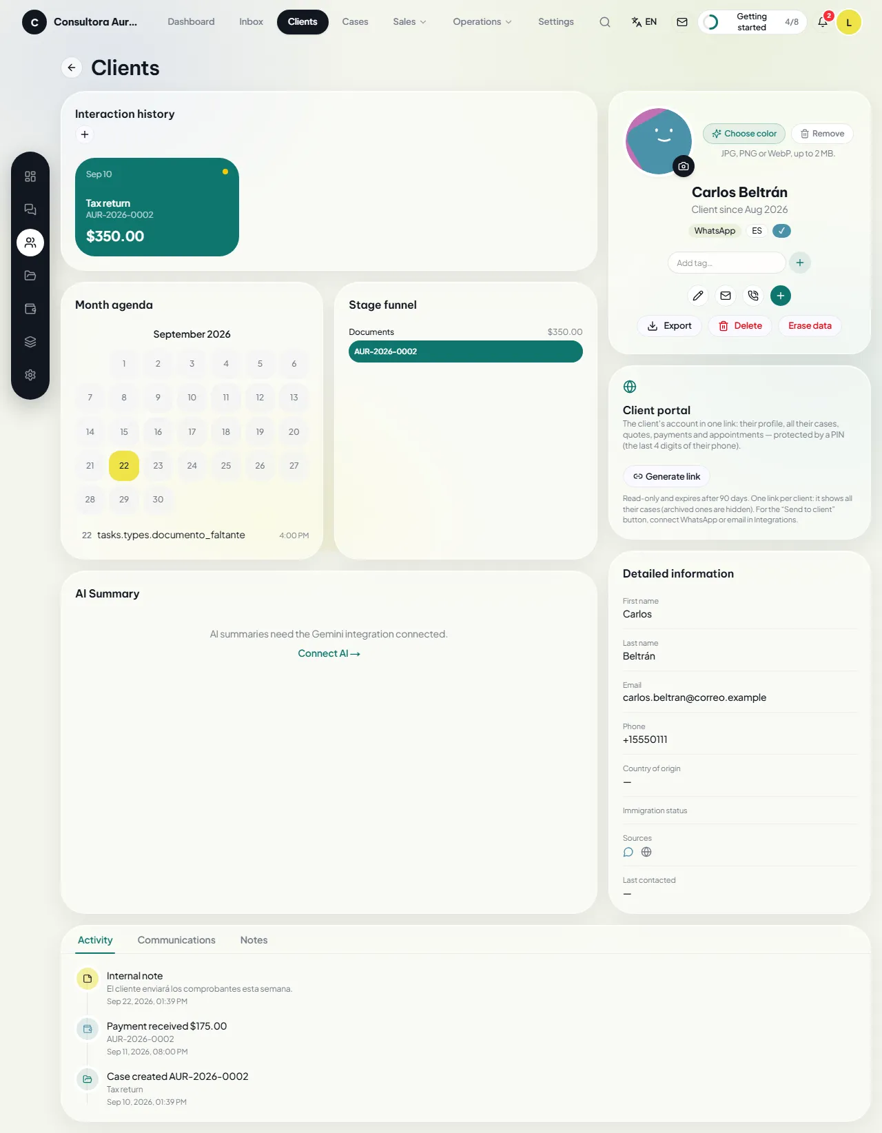 A client record with details, cases and activity