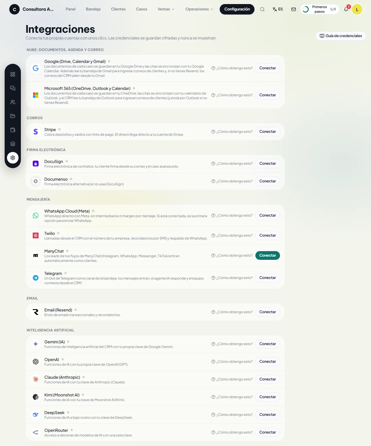 Pantalla de integraciones con los grupos de proveedores y el botón Conectar en cada uno