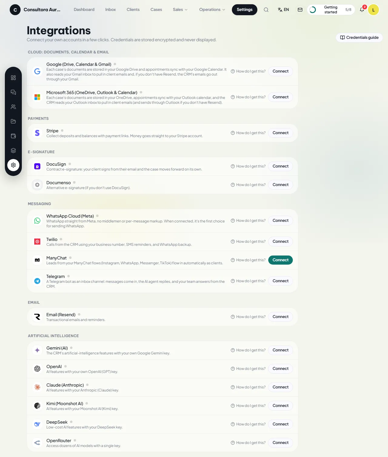 Integrations screen with provider groups and a Connect button on each