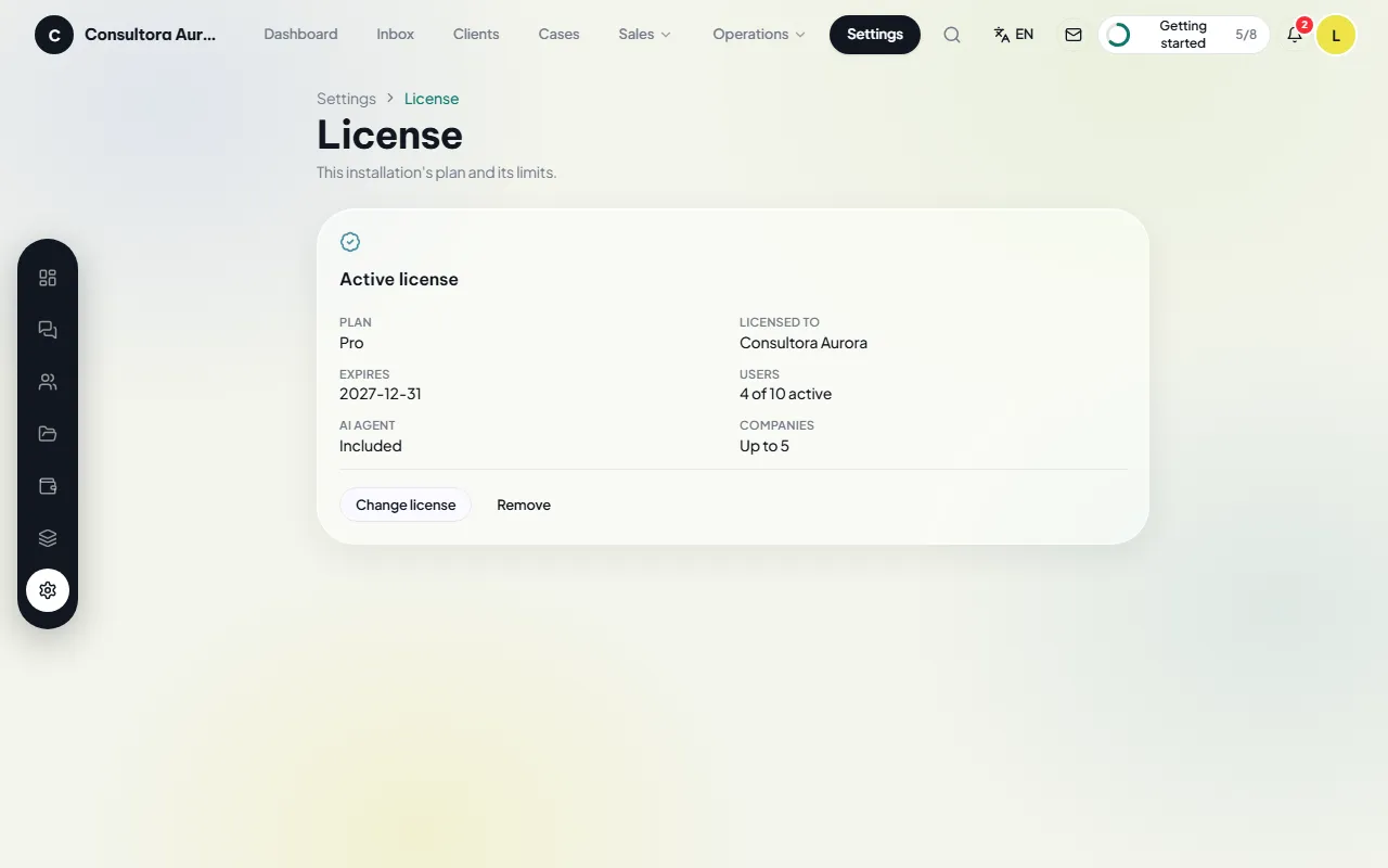 License screen with plan, users, companies and maintenance