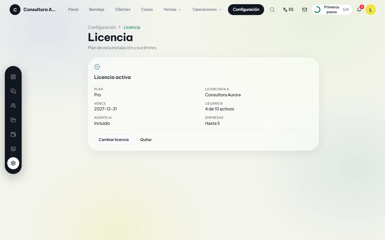 Pantalla de licencia con plan, usuarios, empresas y mantenimiento