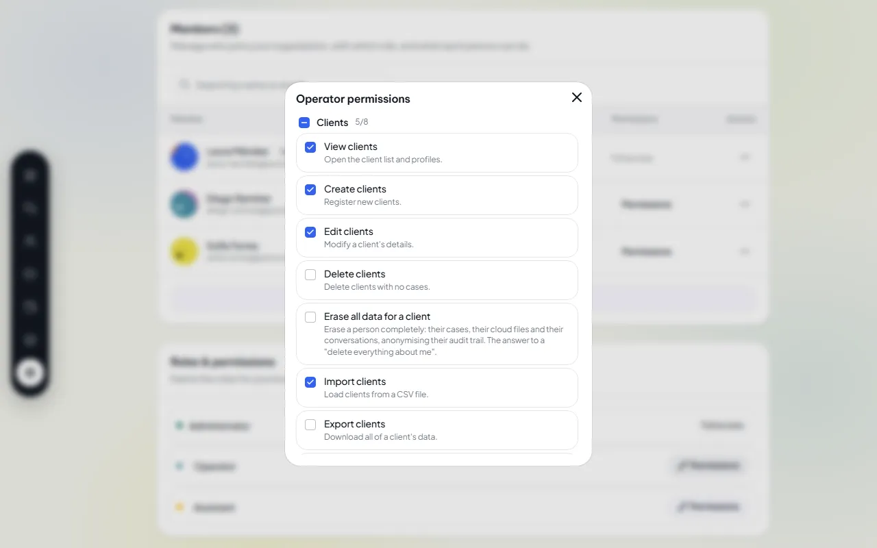 Permissions of a role, screen by screen