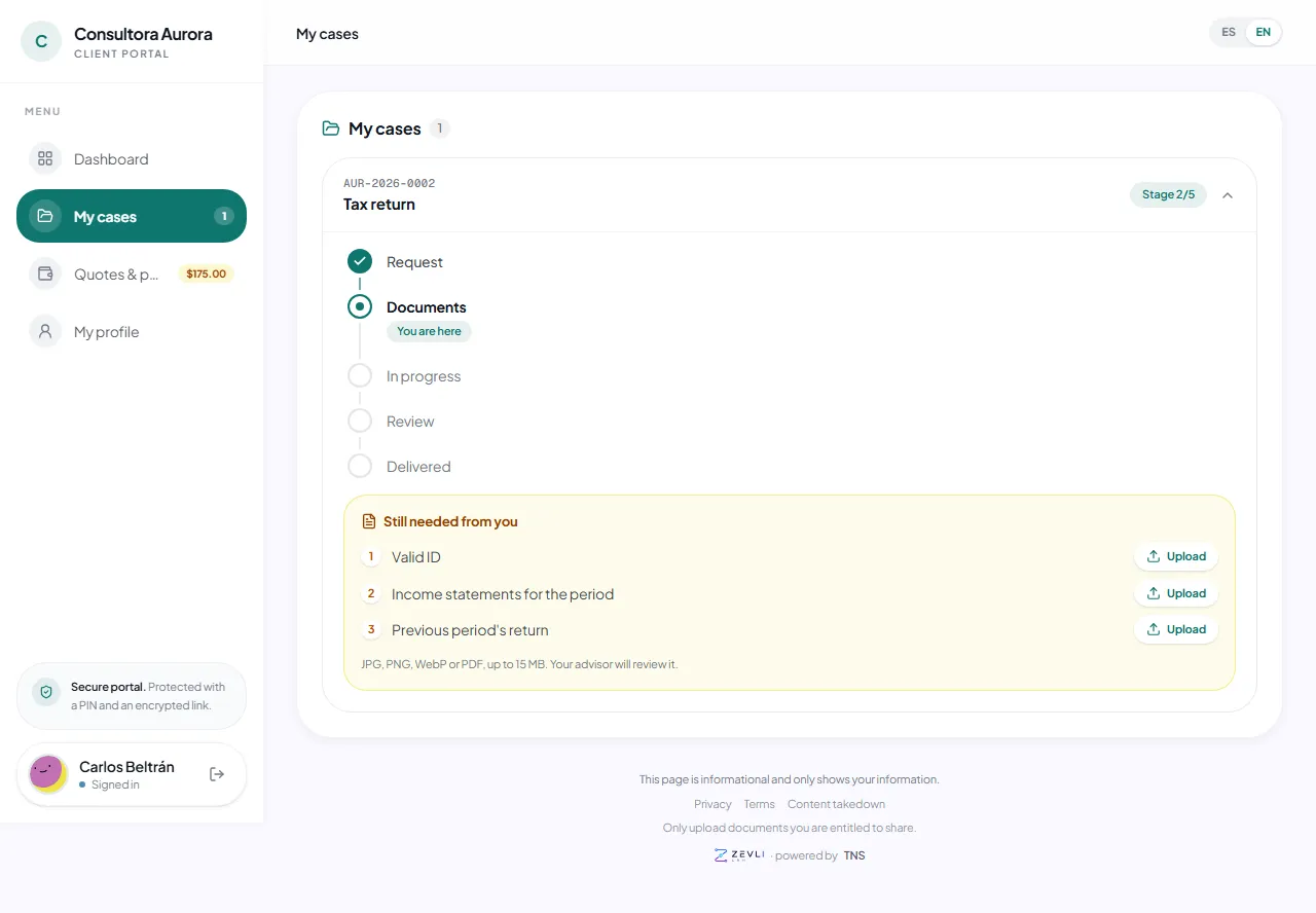 The client’s cases in their portal
