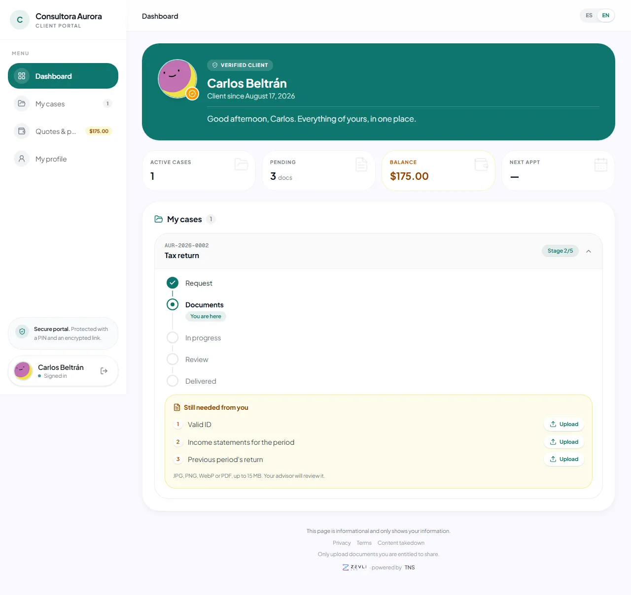 Client portal with cases, payments and appointments