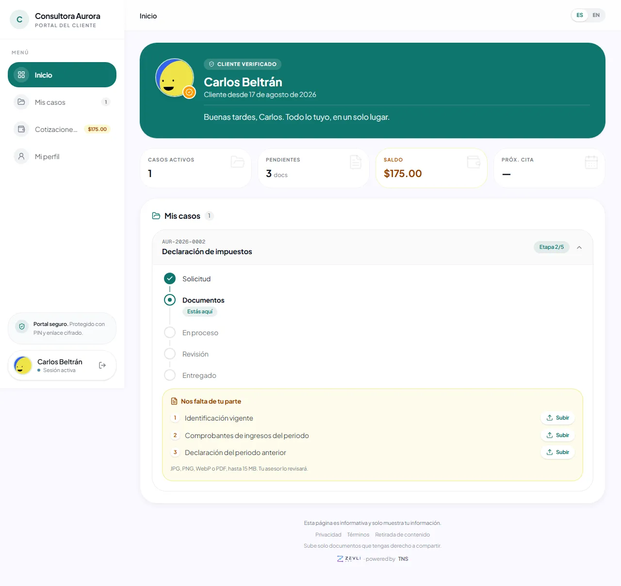 Portal del cliente con sus casos, pagos y citas