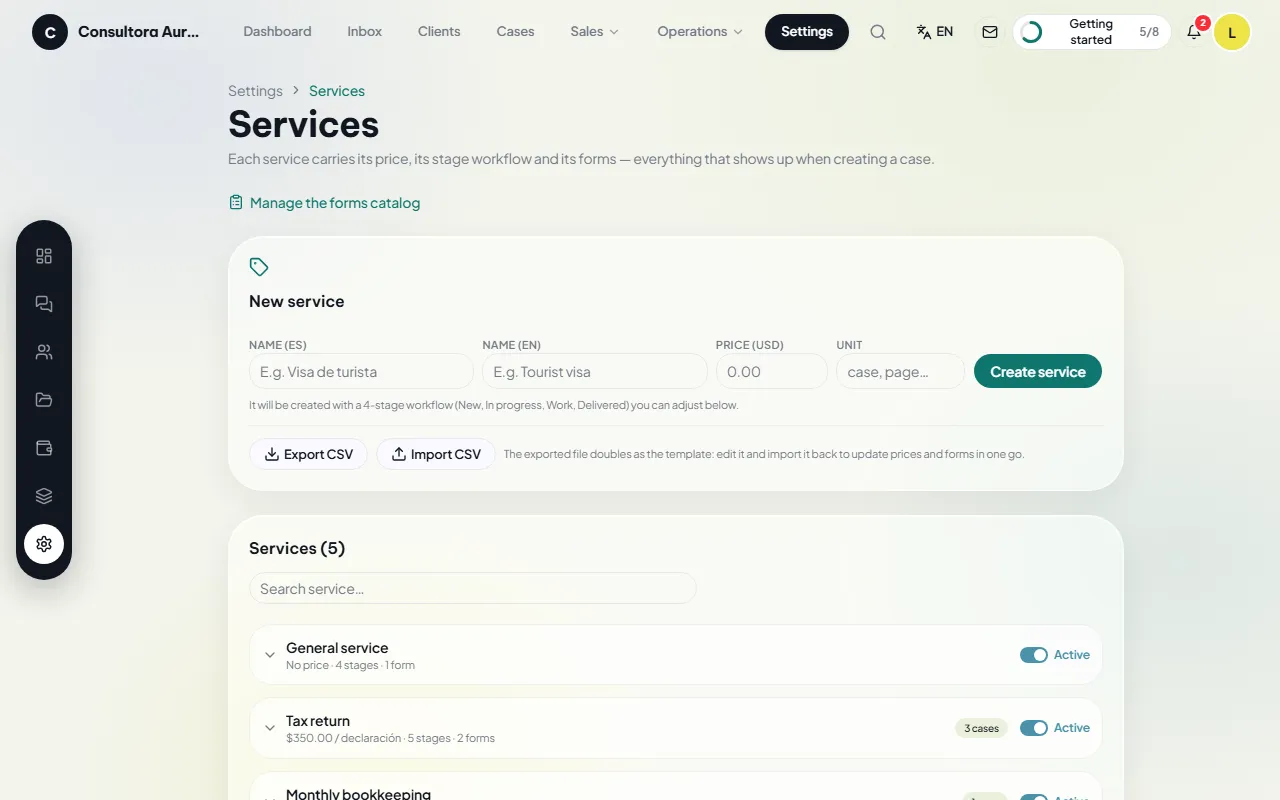 Service catalog with prices and stages