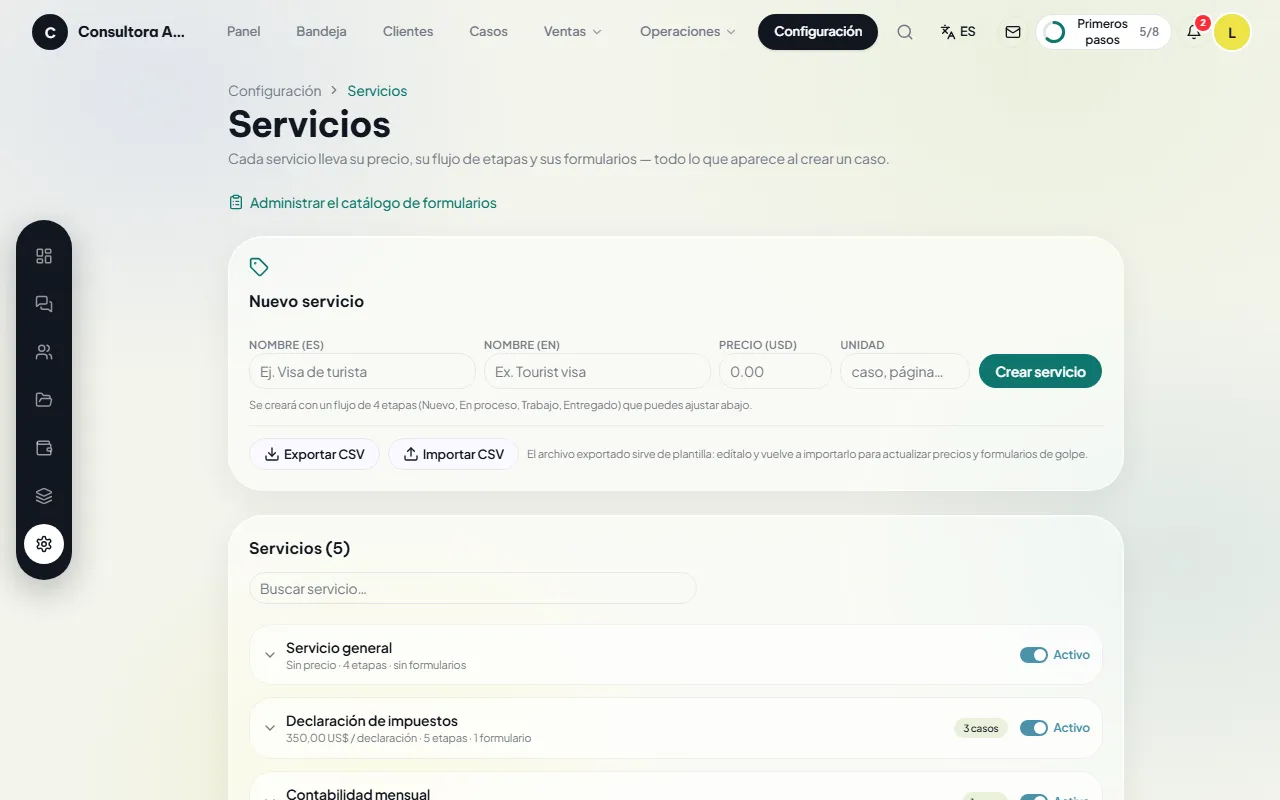 Catálogo de servicios con precios y etapas